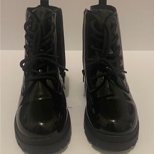 Glossy Black Lace-Up Ankle Boots
